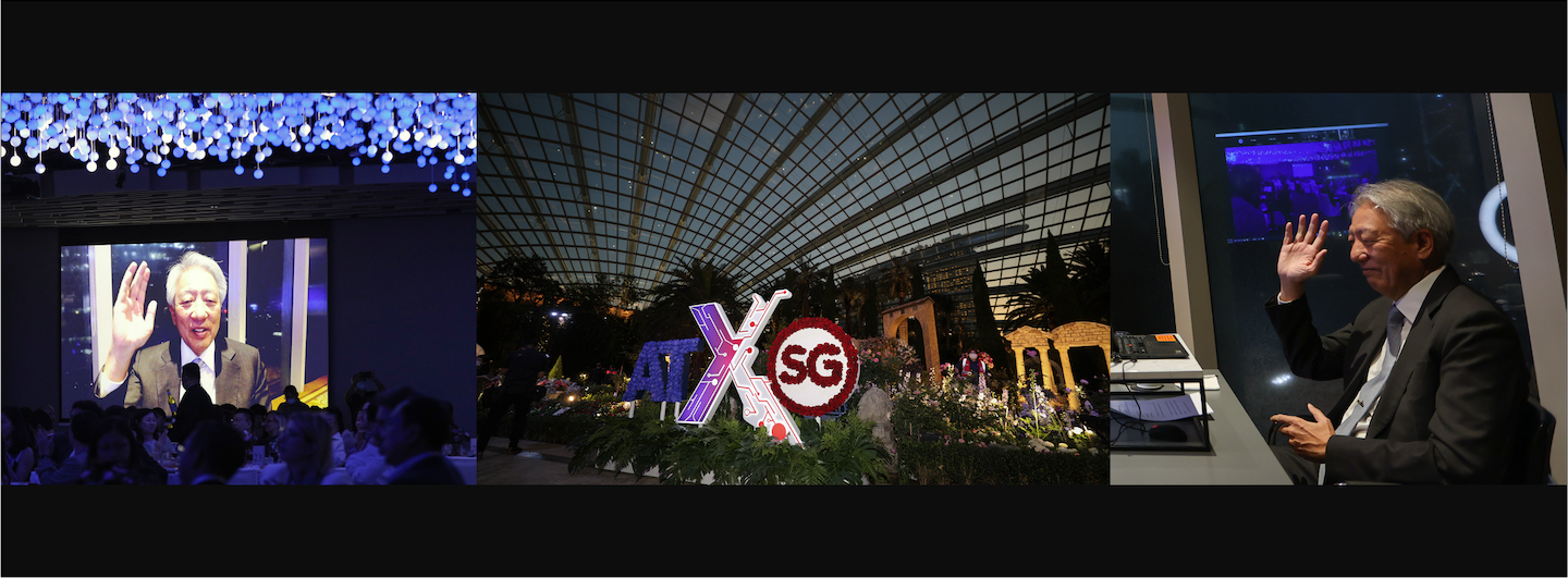 Triptych: man on screen waving to audience, ATxSG logo in garden, and man waving to monitor.